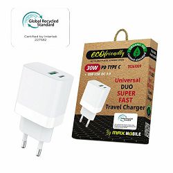 Kućni punjač Maxmobile, PD QC3.0, DUO, USB-C 30W, USB-A 18W, TR-361009, GRS, ECO